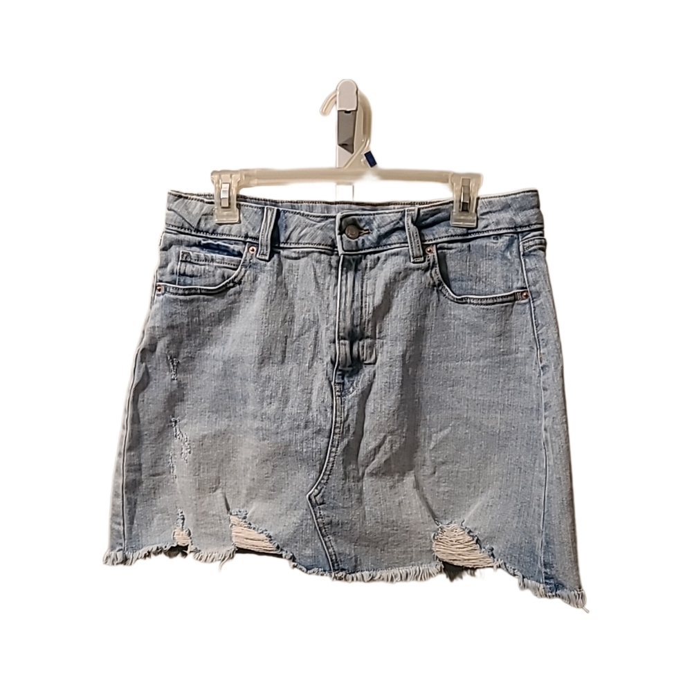 Wild Fable A-Line Denim Skirt, Sz 12 Blue Light Wash Frayed Hem Distressed